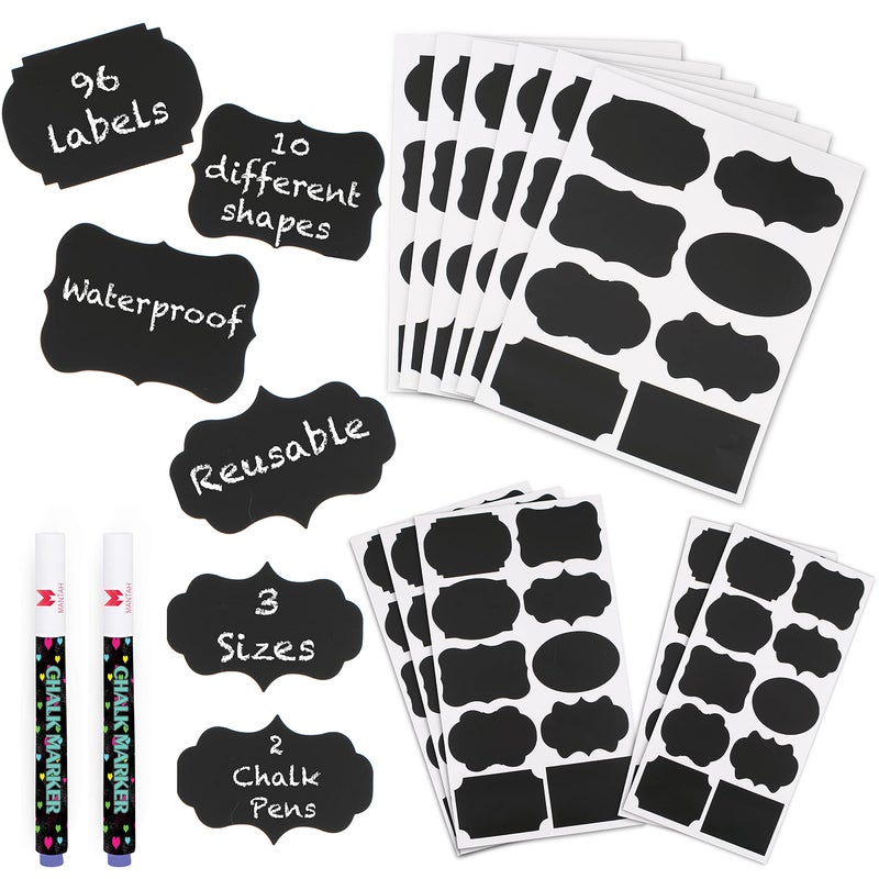 Mantah Chalkboard Label Stickers 96pcs - 9 Assorted Shapes in 3 Sizes with 2 White Chalk Marker, Reusable Waterproof Label for Storage Bin, Food Container, Jars, Containers - Image 1